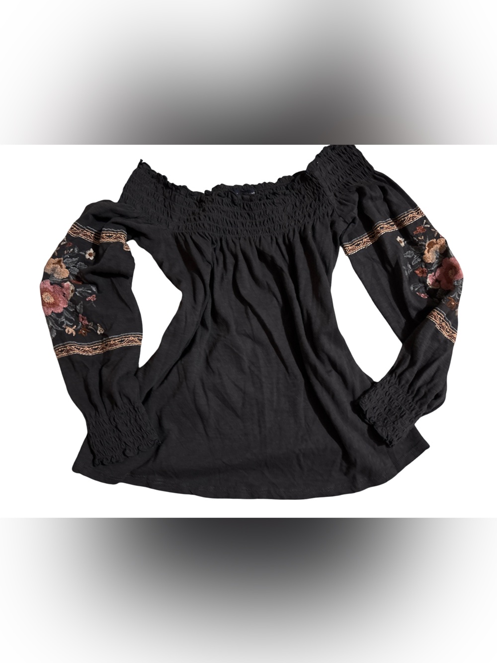 American Eagle Outfitters Black Peasant Top with Floral Embroidery
